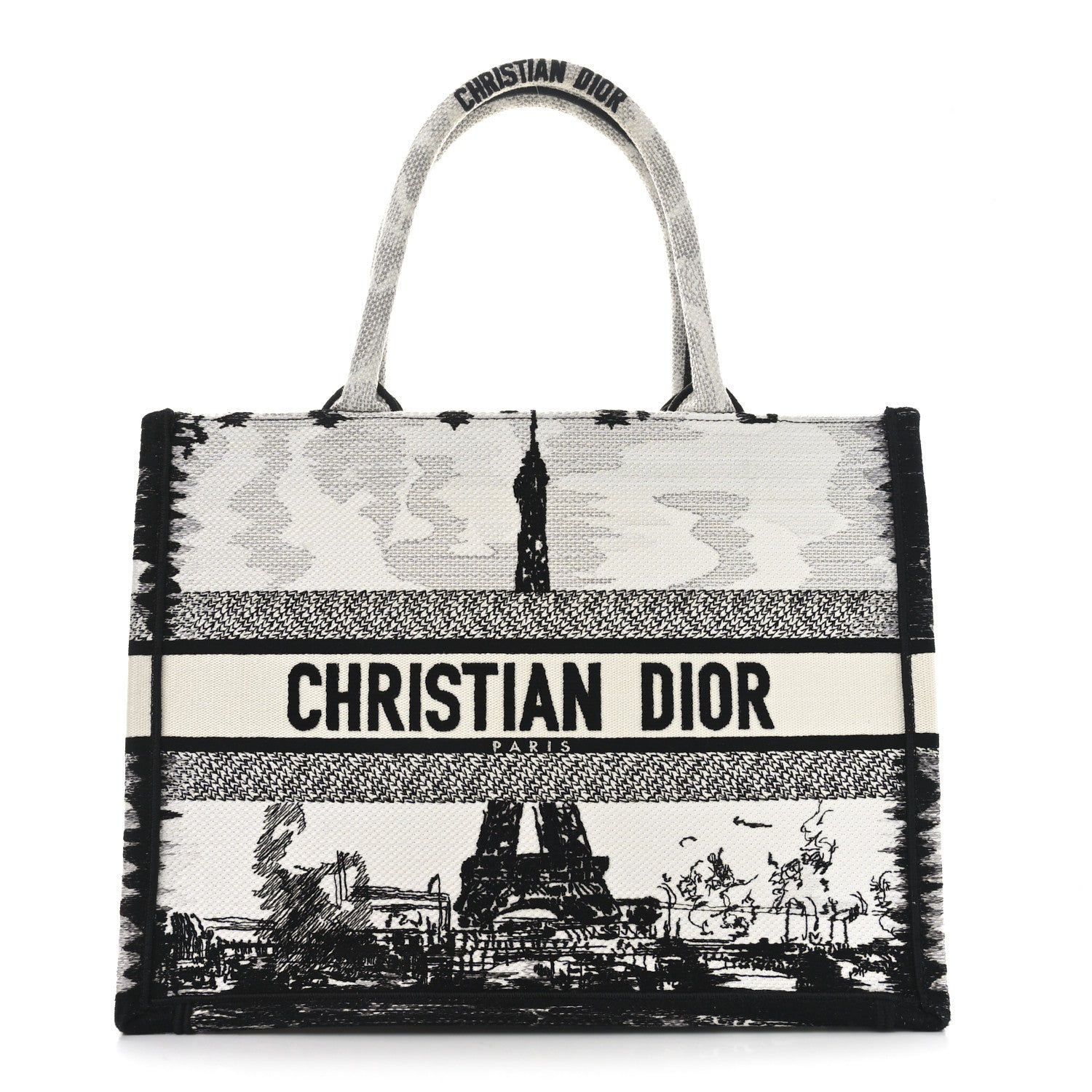 Christian Dior Canvas Embroidered Medium Paris Book Tote White Black 1 of 11