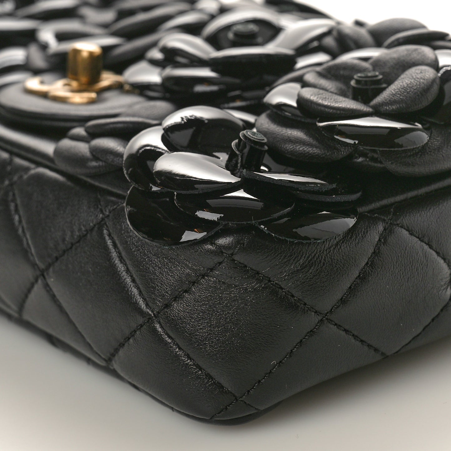Lambskin Patent Mini Camellia Flap Black