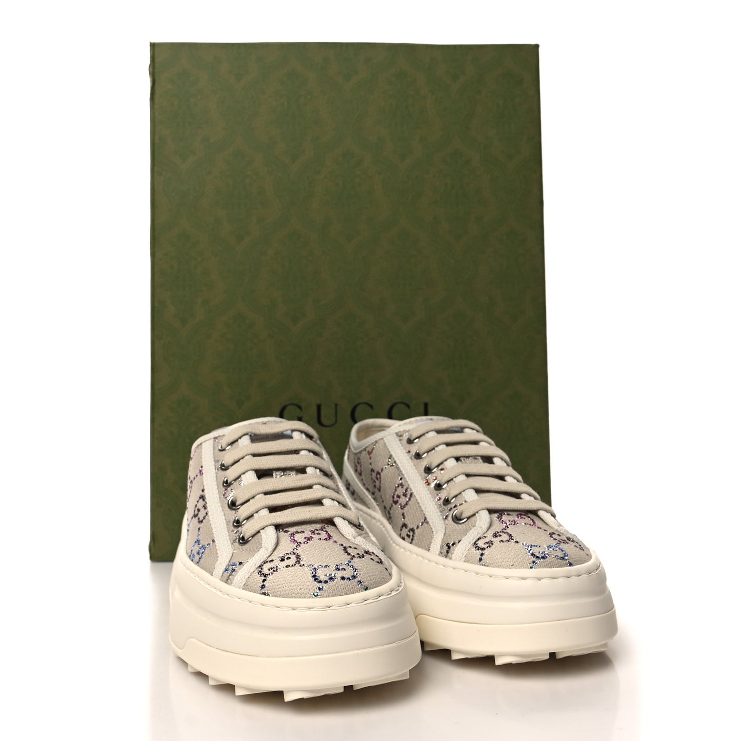 Canvas Lame Crystal GG Monogram Womens 1977 Tennis Platform 52mm Sneakers 36 Gardenia Silver Mystic White