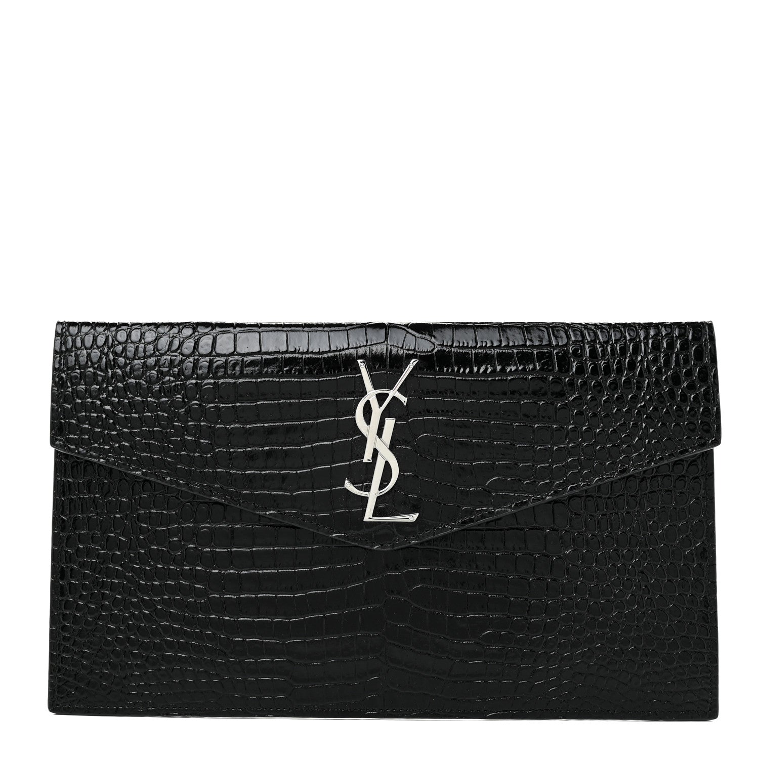 Saint Laurent Calfskin Crocodile Embossed Uptown Monogram Pouch Black 1 of 11