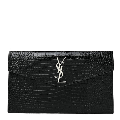 Saint Laurent Calfskin Crocodile Embossed Uptown Monogram Pouch Black 1 of 11