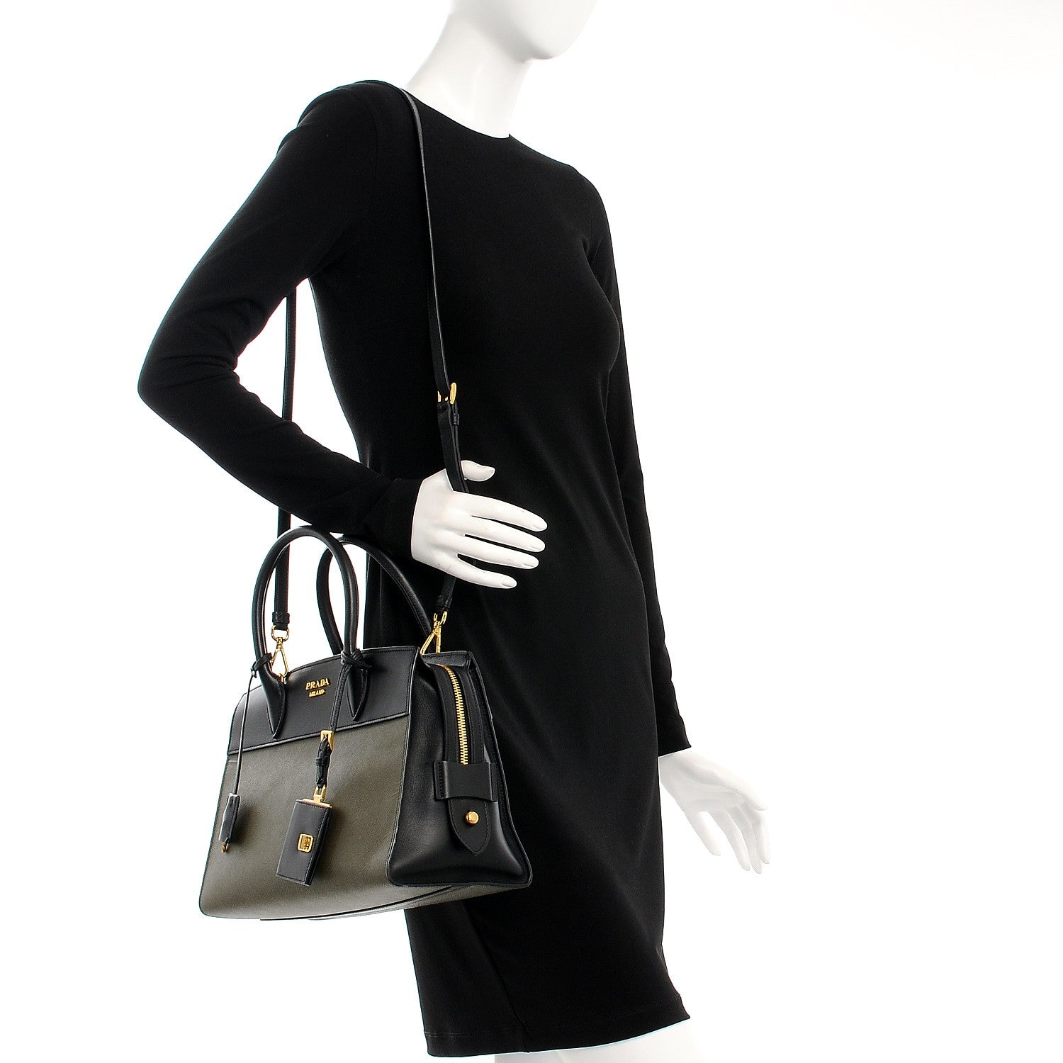 Prada Saffiano City Calf Medium Esplanade Tote Militare Black 2 of 9