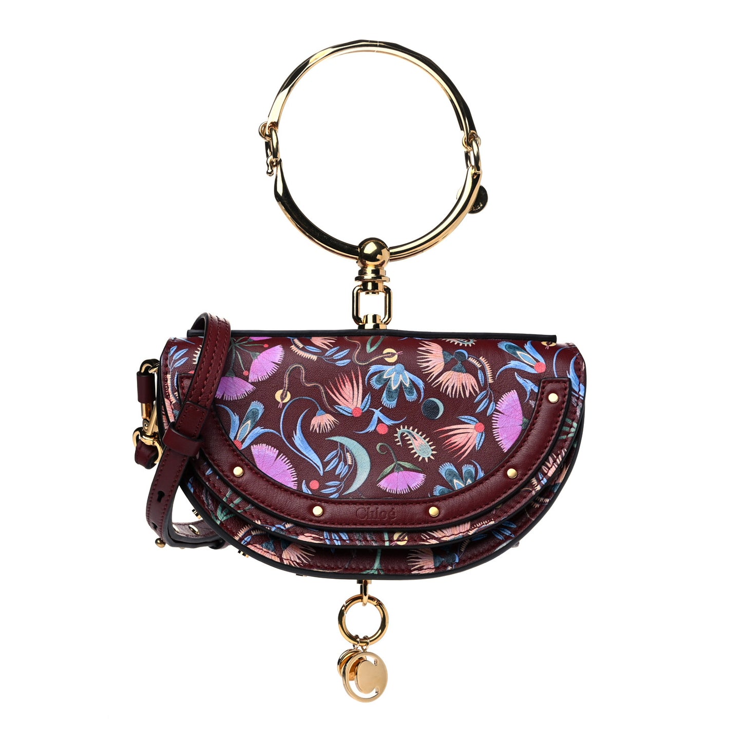 Calfskin Floral Print Small Nile Bracelet Minaudiere Bag Plum Purple