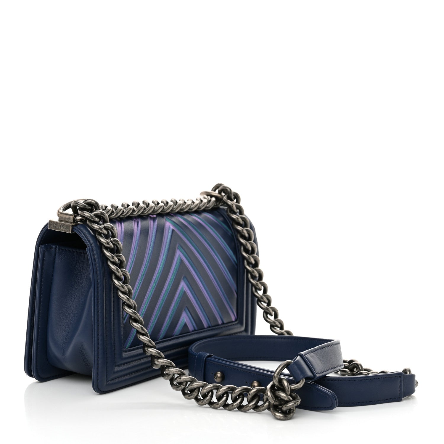 Chanel Calfskin Painted Chevron Embossed Small Boy Flap Dark Blue 3 of 11