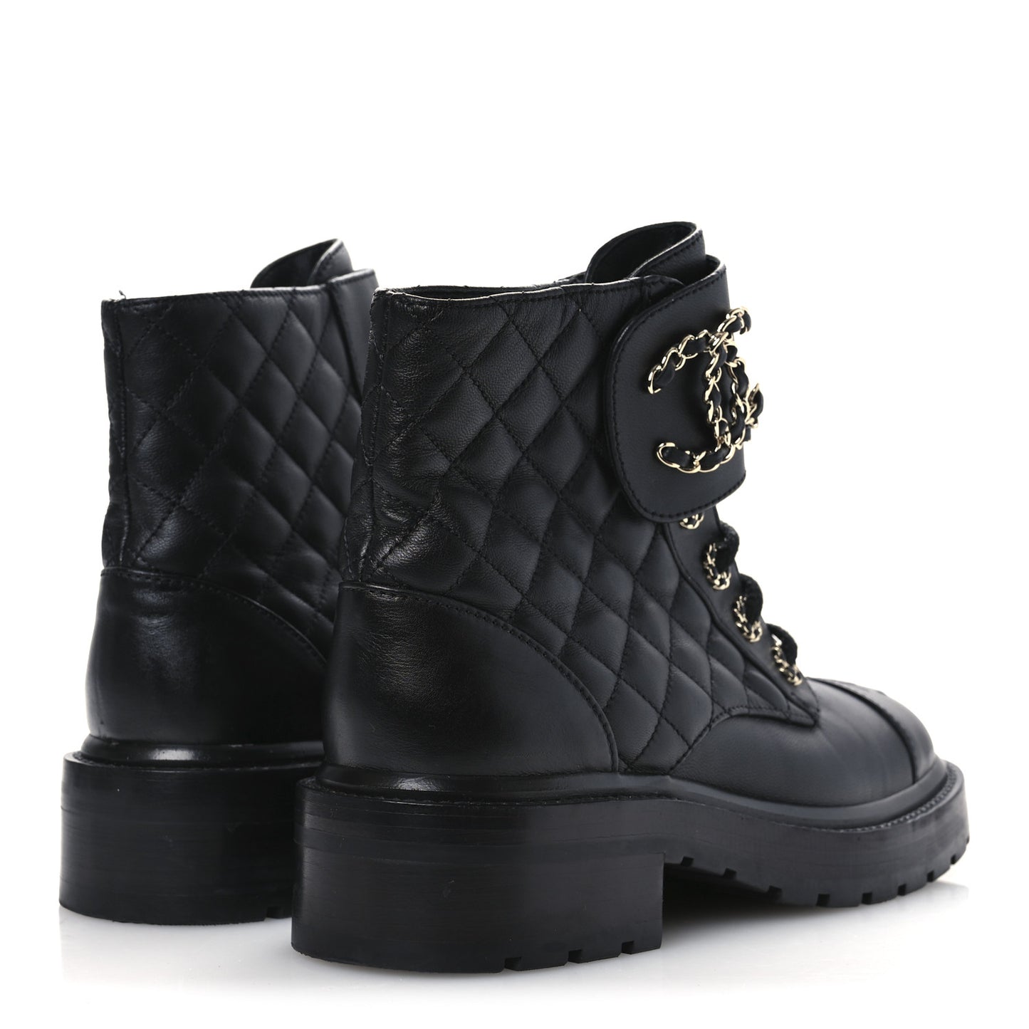 Shiny Lambskin Quilted Lace Up Combat Boots 36.5 Black