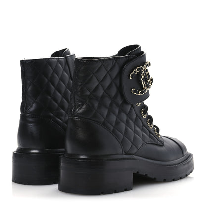 Chanel Shiny Lambskin Quilted Lace Up Combat Boots 36.5 Black 5 of 12
