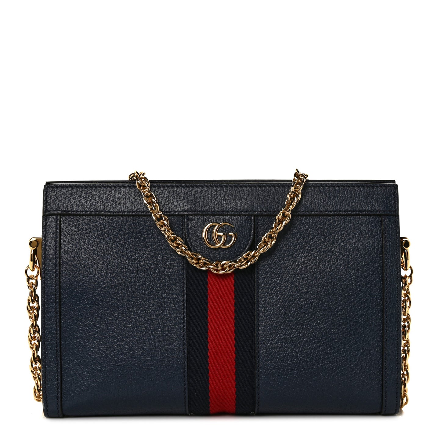 Textured Calfskin Web Small Ophidia Chain Shoulder Bag Blue Agata