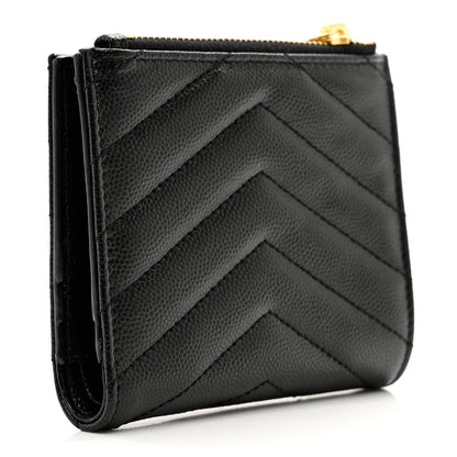 Saint Laurent Grain De Poudre Matelasse Chevron Monogram Zipped Card Case Black 3 of 7