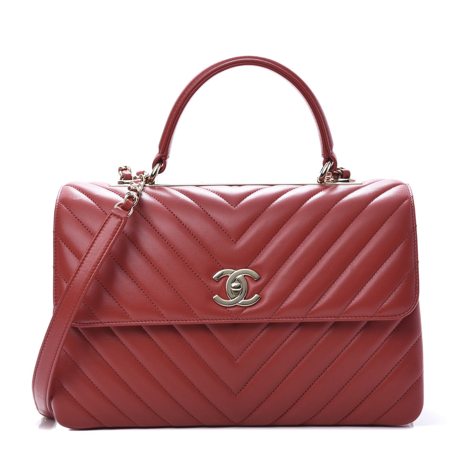 Lambskin Chevron Quilted Medium Trendy CC Dual Handle Flap Bag Red