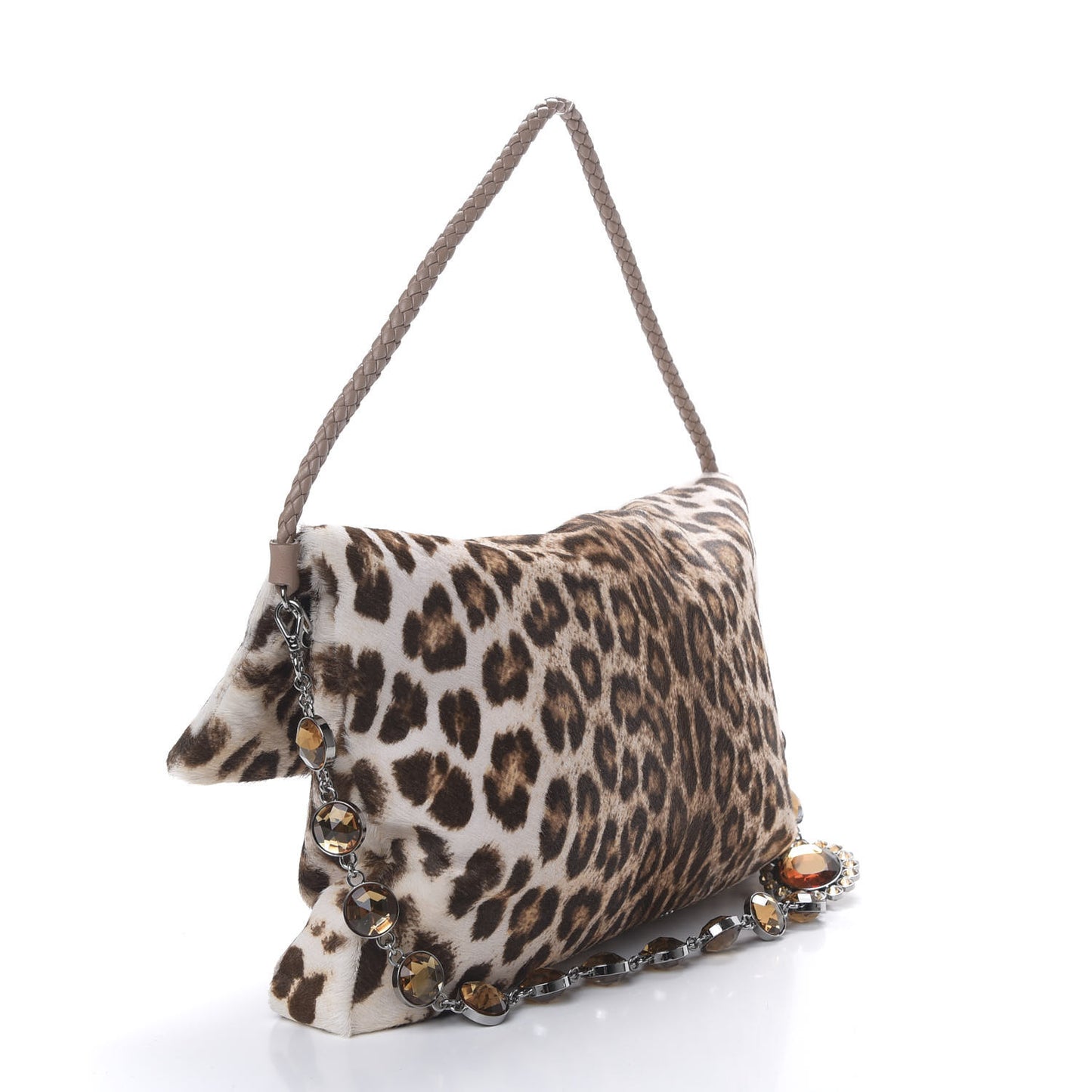 Pony Hair Leopard Crystal Flap Clutch Brown