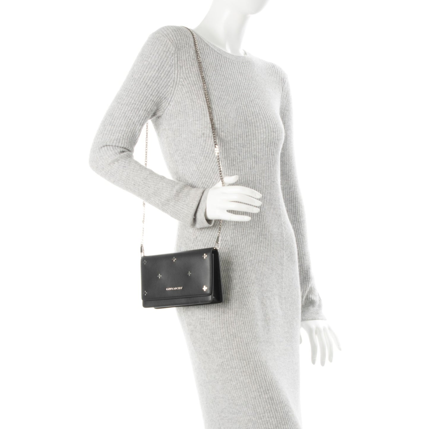 Calfskin Cross Embellished Pandora Chain Wallet Black