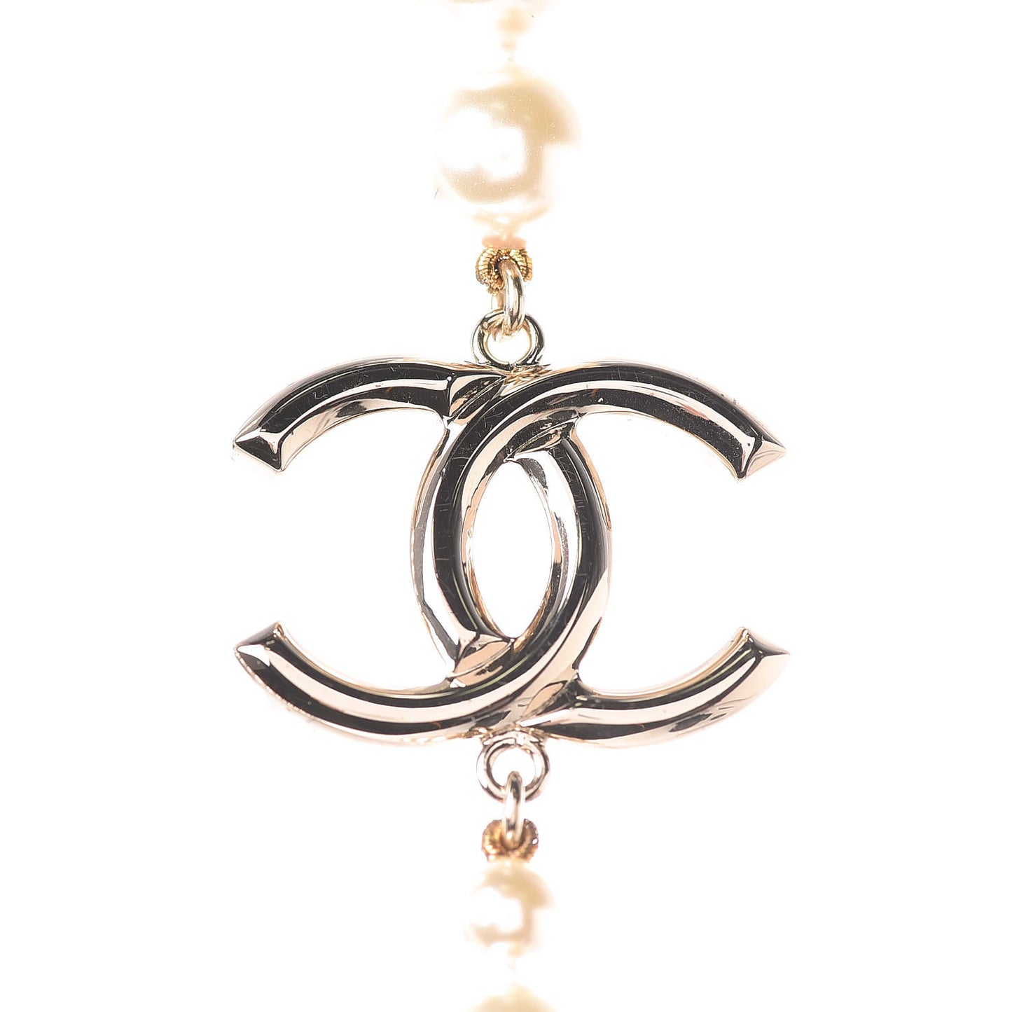 Resin Pearl Metal CC Long Necklace in Golden Pearly Beige