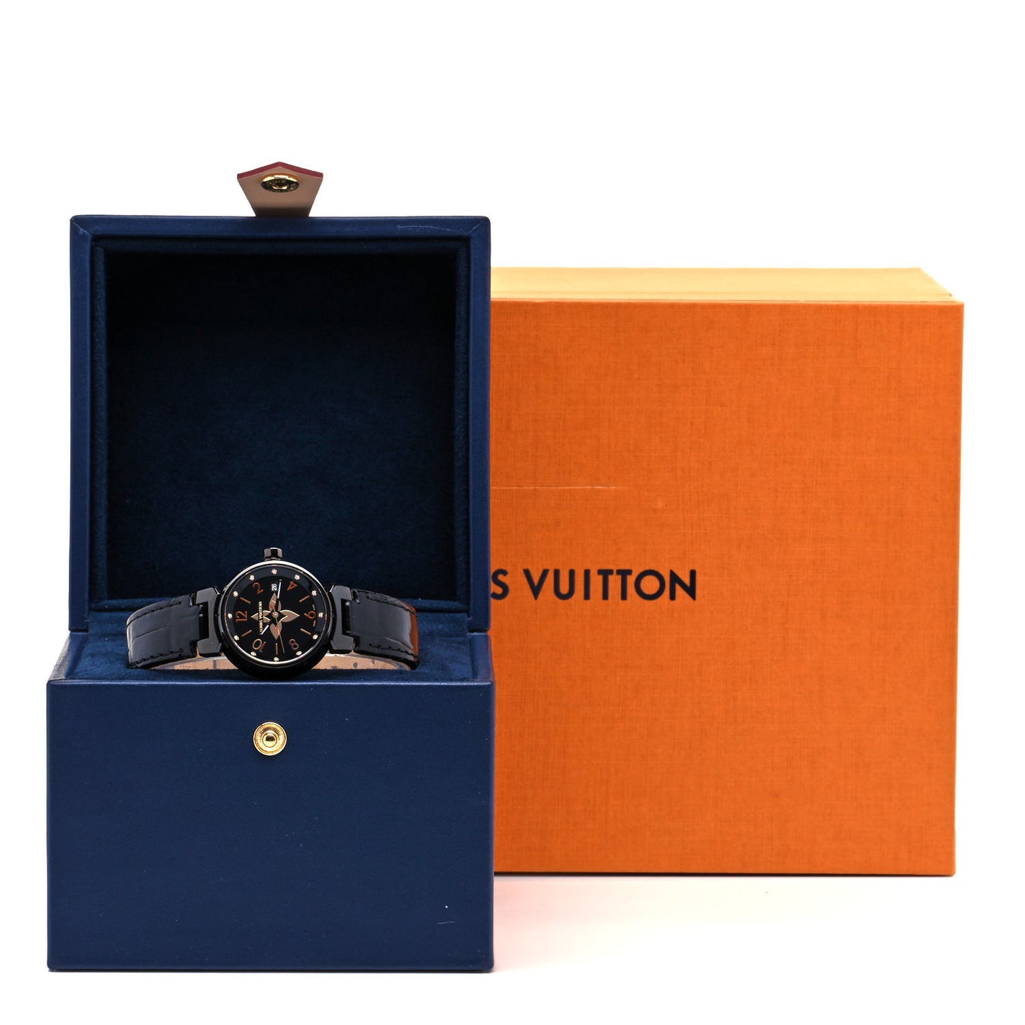 PVD Stainless Steel Alligator Diamond 28mm My LV Tambour Quartz Watch Black