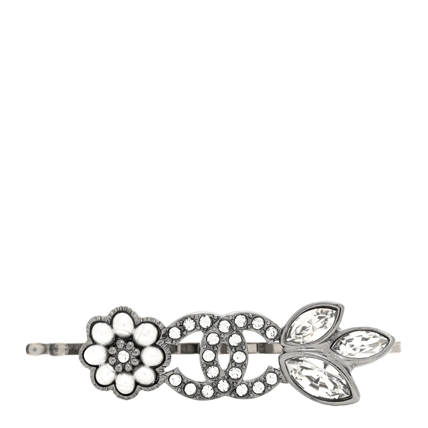 Chanel Crystal Pearl CC Flower Hair Clip Barrette Silver 1 of 4