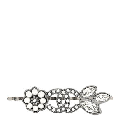 Chanel Crystal Pearl CC Flower Hair Clip Barrette Silver 1 of 4