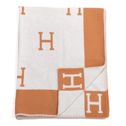 Hermes Wool Cashmere Signature Classic Avalon Blanket Ecru Potiron 2 of 4