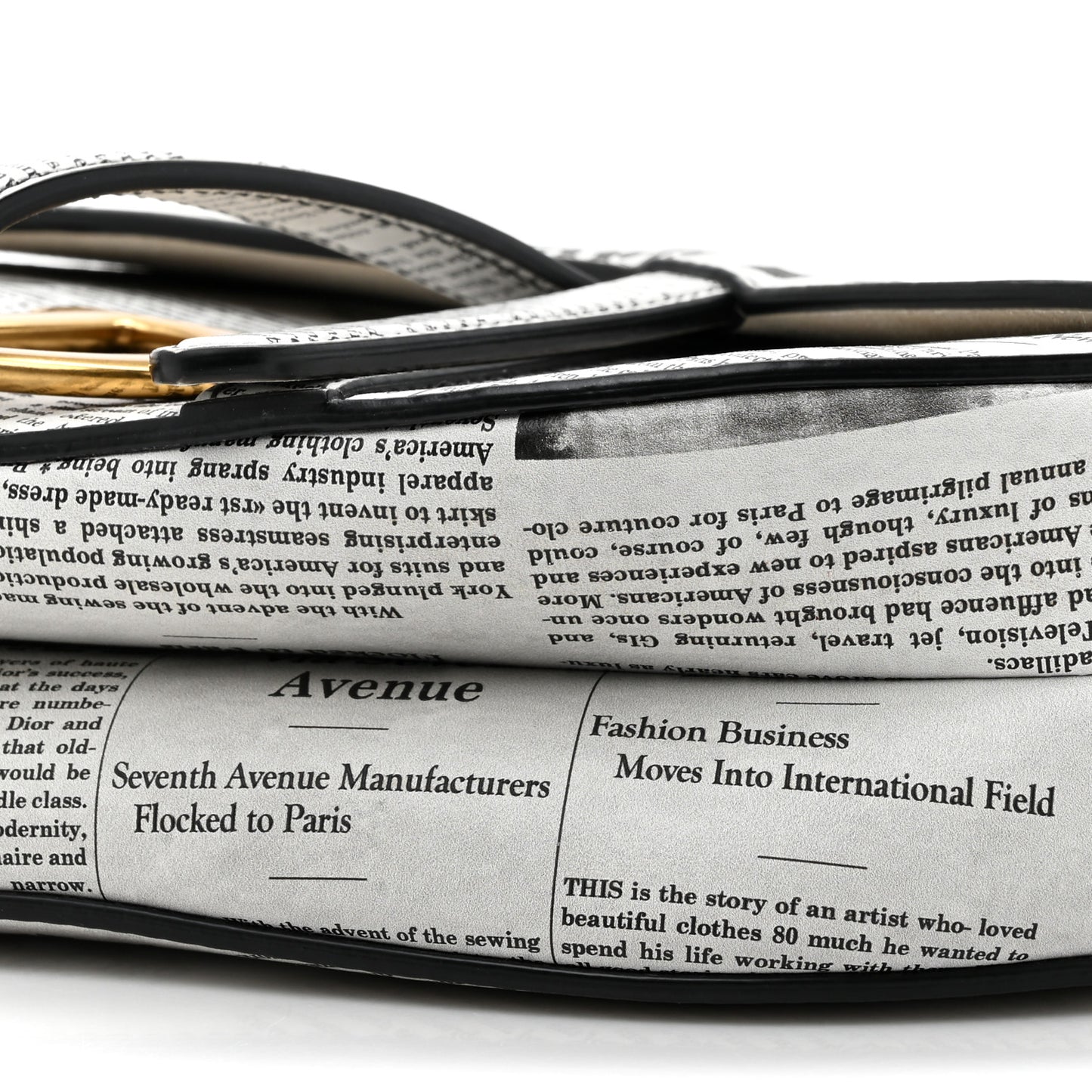 Calfskin Newspaper Printed Saddle Bag With Strap Black White