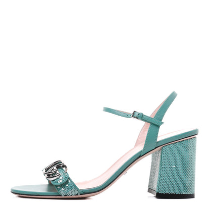 Gucci Sequin Satin Malaga Kid GG Marmont Ankle Wrap 75mm Sandals 40.5 Water Green Verde Chiaro Light Water Green 1 of 15
