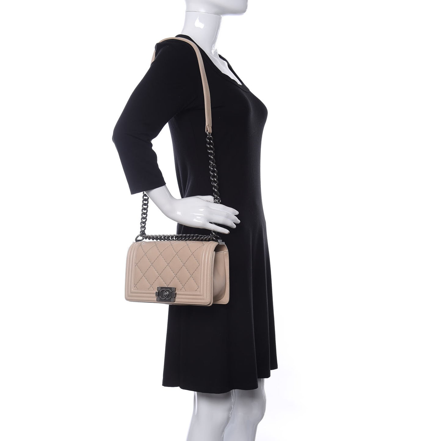 Calfskin Quilted Double Stitch Medium Boy Flap Beige