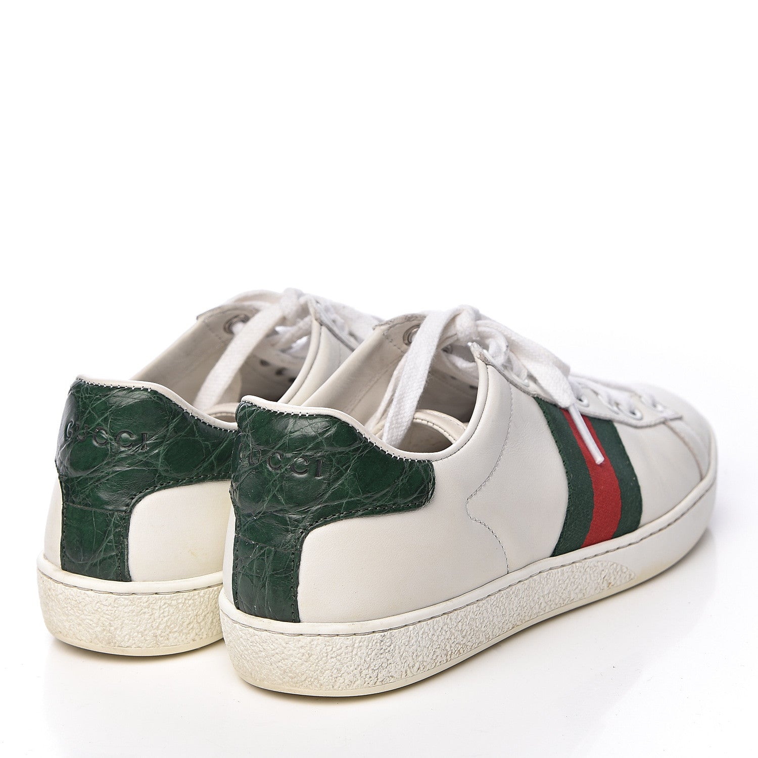 Gucci Calfskin Crocodile Web Womens Ace Sneakers 35 White Green 4 of 16