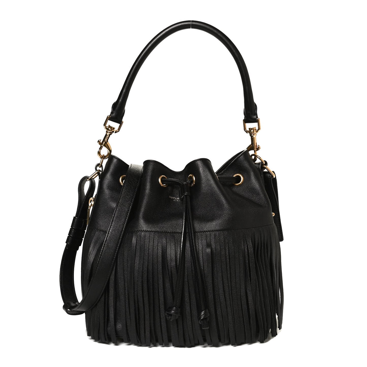 Calfskin Small Emmanuelle Fringe Bucket Bag Black