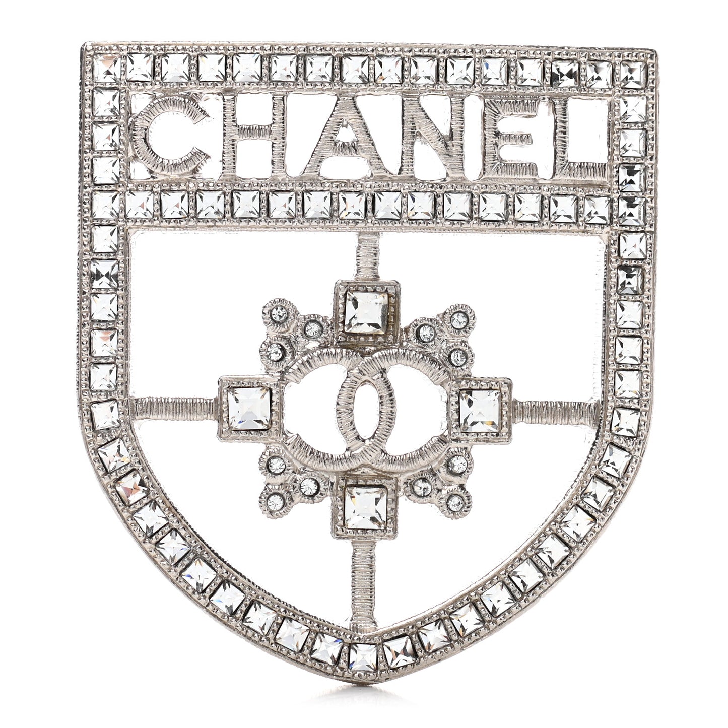 Swarovski Baguette Crystal CC Shield Brooch Silver