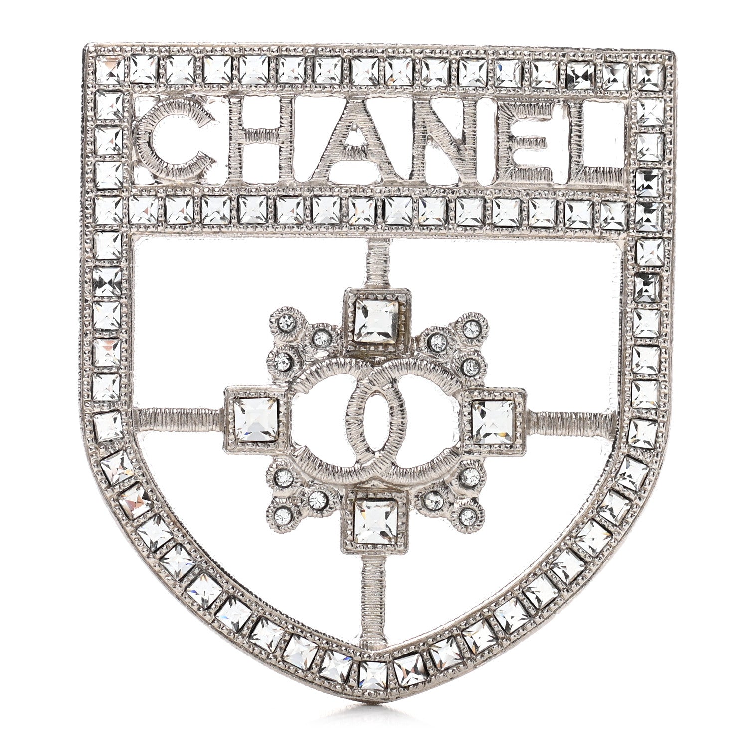 Chanel Swarovski Baguette Crystal CC Shield Brooch Silver 1 of 4