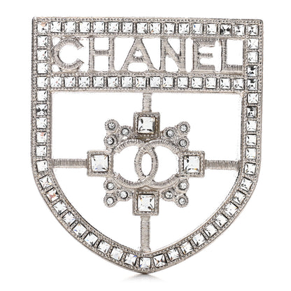 Chanel Swarovski Baguette Crystal CC Shield Brooch Silver 1 of 4