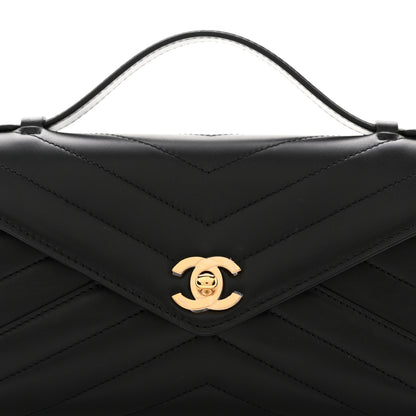 Chanel Lambskin Chevron Quilted Top Handle Envelope Clutch Black 8 of 11
