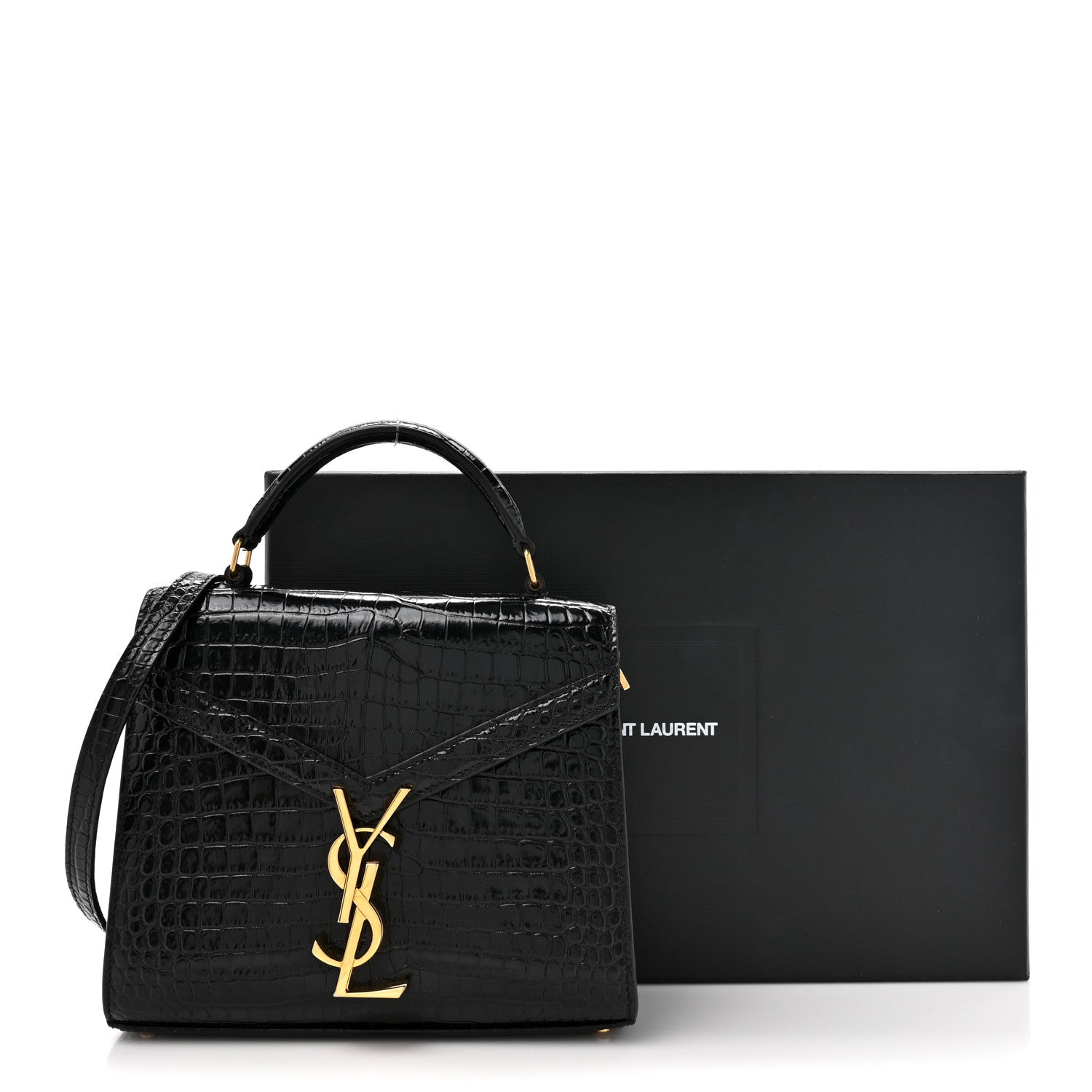 Saint Laurent Calfskin Crocodile Embossed Mini Classic Monogram Cassandra Top Handle Black 12 of 12
