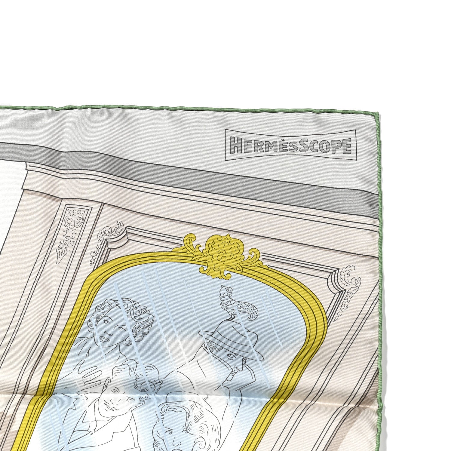 Hermes Silk Mystere Au 24 Faubourg Scarf 90 Gris Perle Vert Jaune 3 of 6