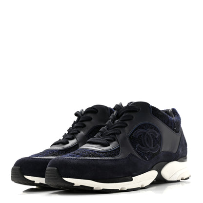 Chanel Tweed Suede Womens CC Sneakers 37.5 Black Blue 4 of 9