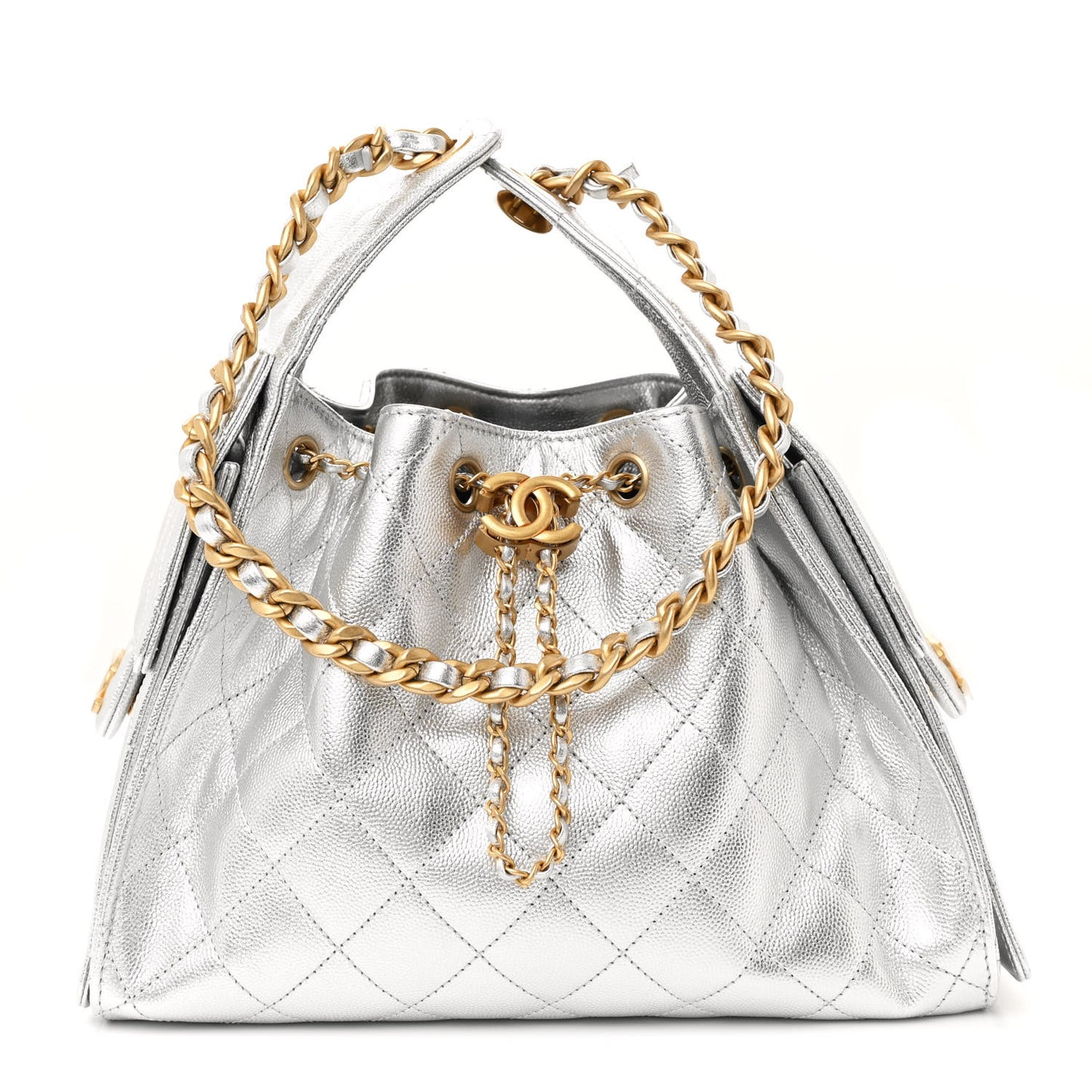 Metallic Caviar Quilted Small Chanel 25 Handbag Silver