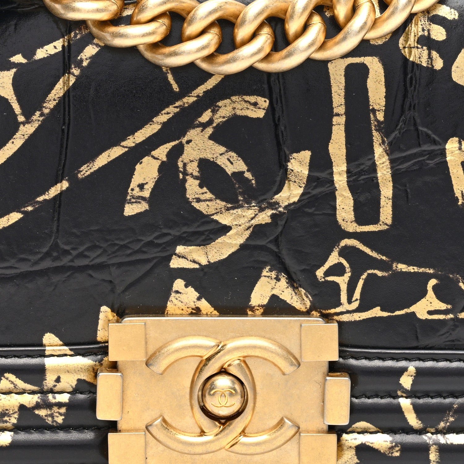 Chanel Calfskin Crocodile Embossed Graffiti Cocodile Small Boy Flap Black Gold 8 of 10