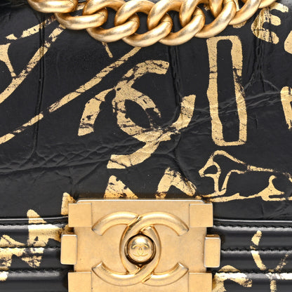 Chanel Calfskin Crocodile Embossed Graffiti Cocodile Small Boy Flap Black Gold 8 of 10