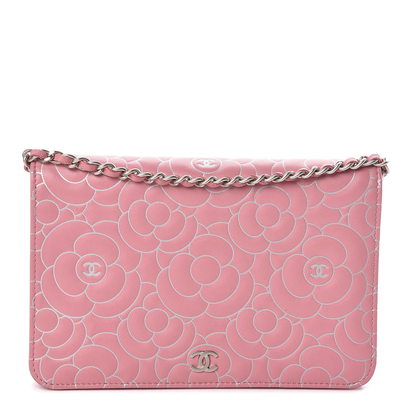 Lambskin Camellia Embossed Wallet On Chain WOC Pink