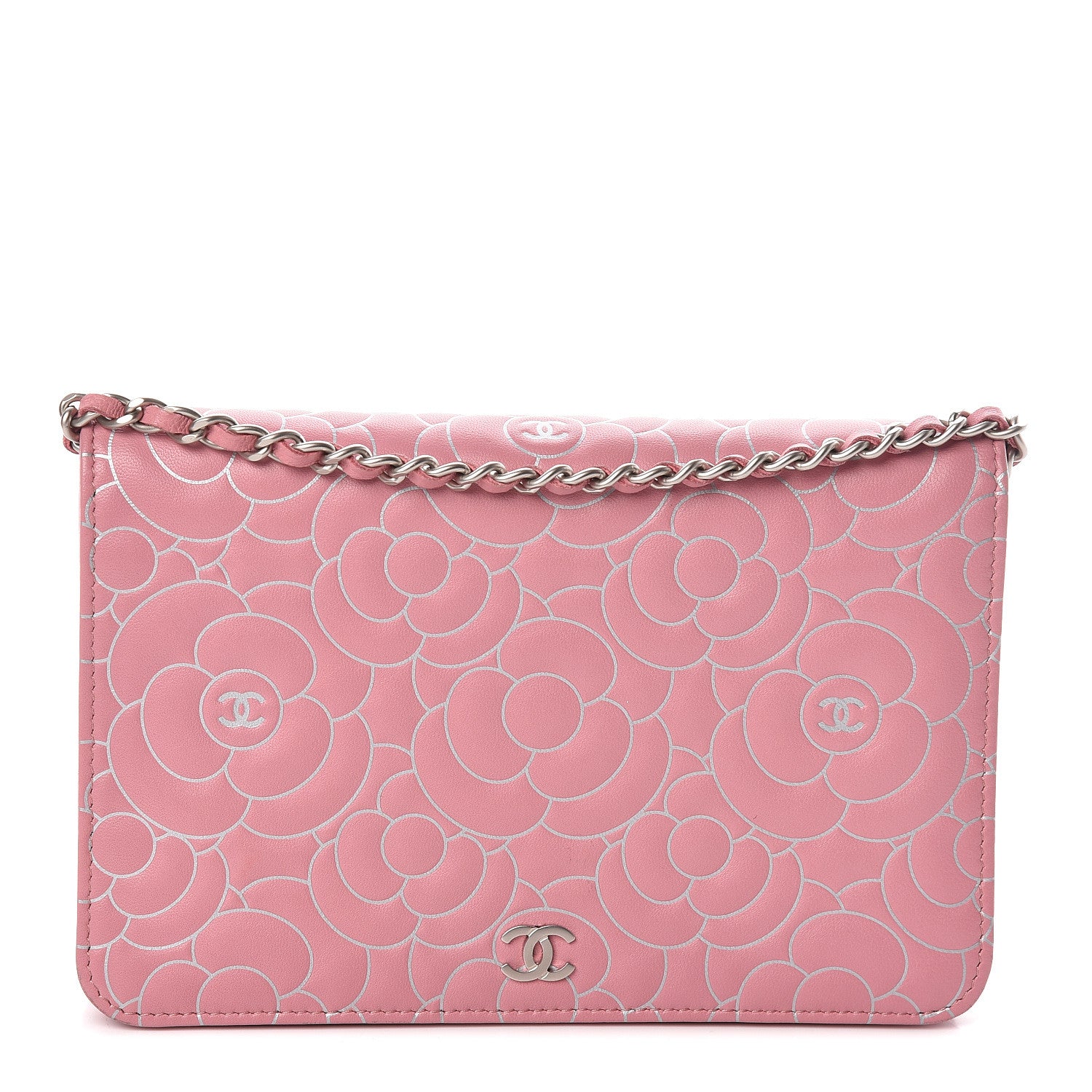 Chanel Lambskin Camellia Embossed Wallet On Chain WOC Pink 1 of 12
