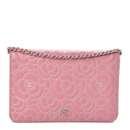 Chanel Lambskin Camellia Embossed Wallet On Chain WOC Pink 1 of 12