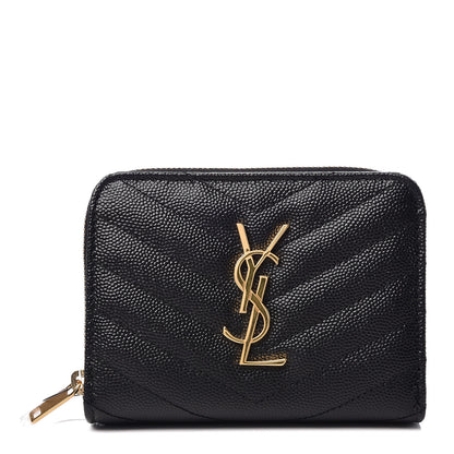 Saint Laurent Grain De Poudre Matelasse Chevron Monogram Compact Zip Around Wallet Black 1 of 7