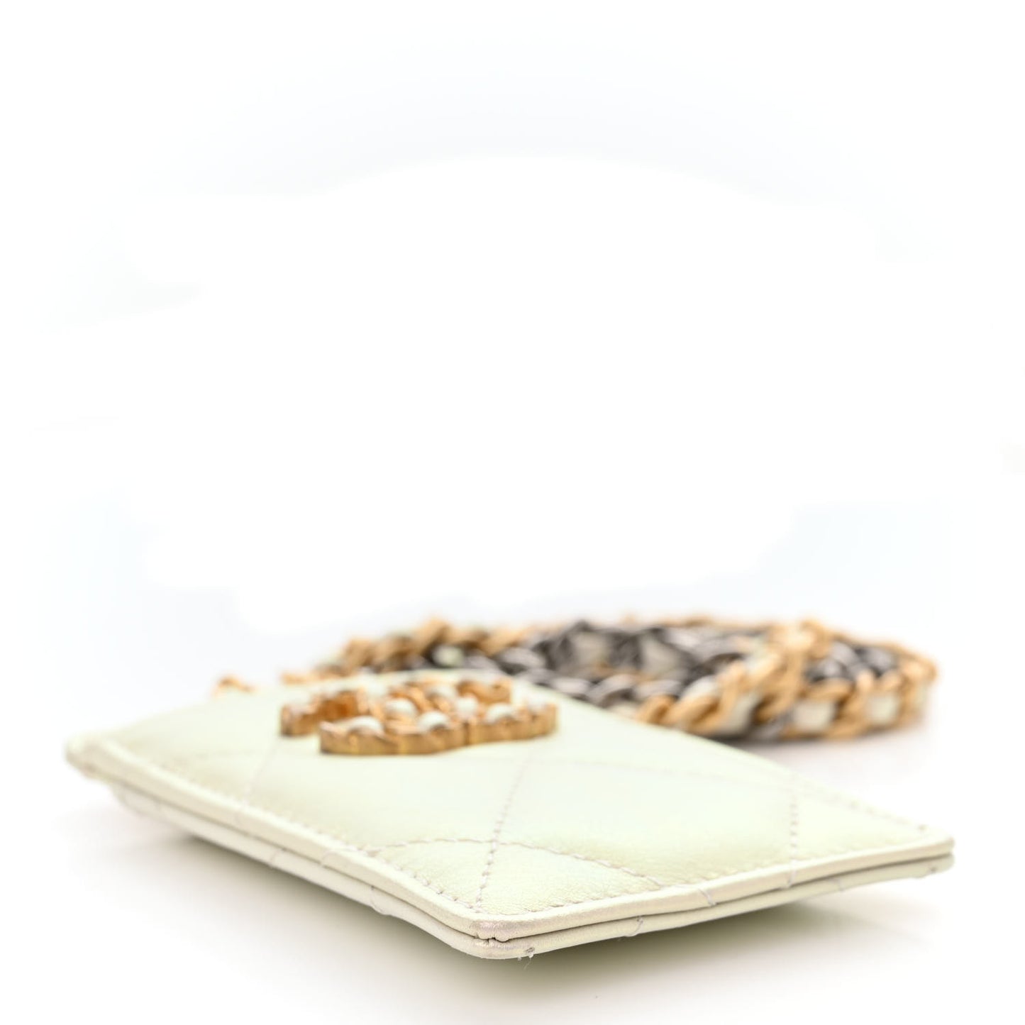 Iridescent Calfskin Quilted Chanel 19 Card Holder On Chain White
