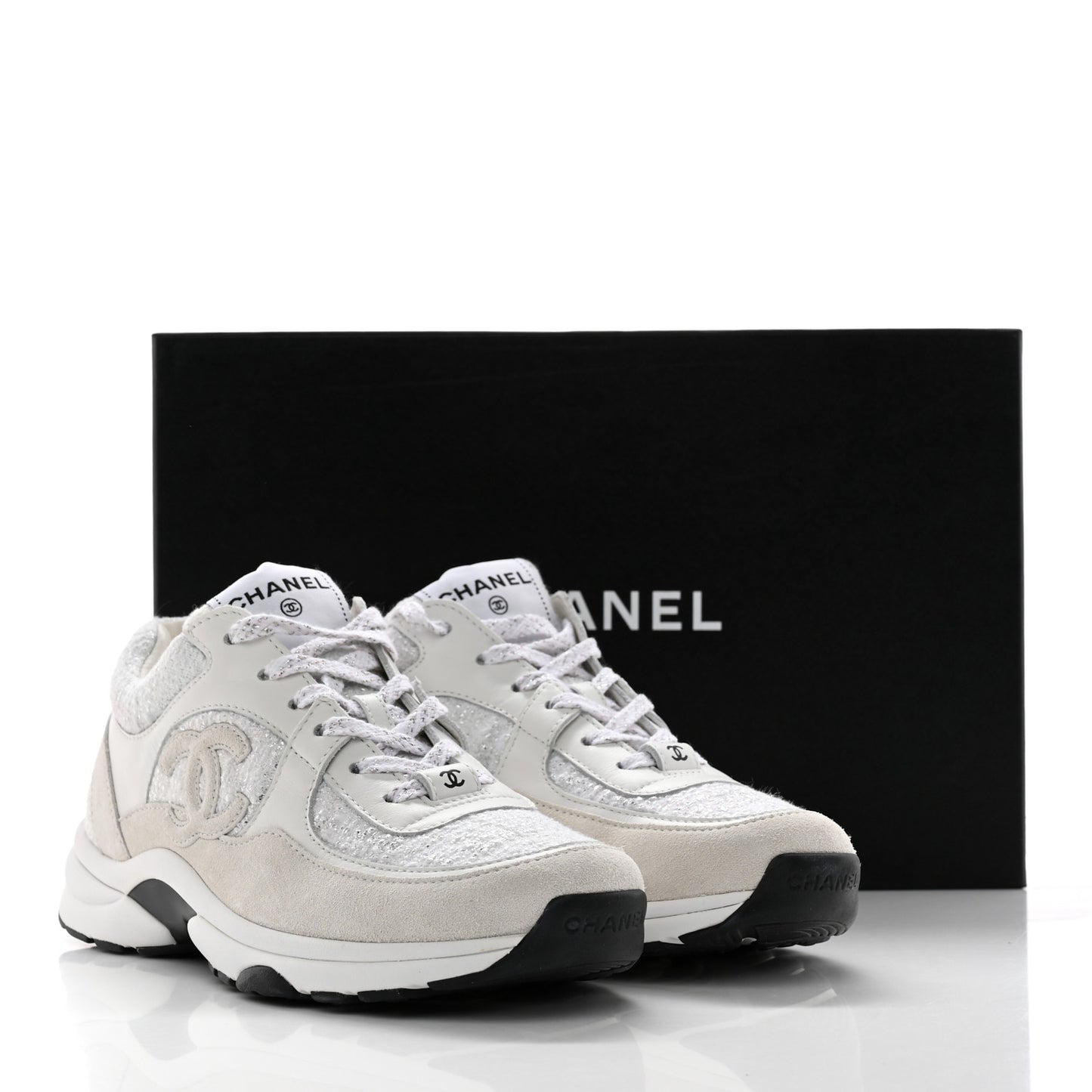 Painted Iridescent Cotton Tweed Suede Calfskin Womens CC Sneakers 37.5 White Silver Multicolor