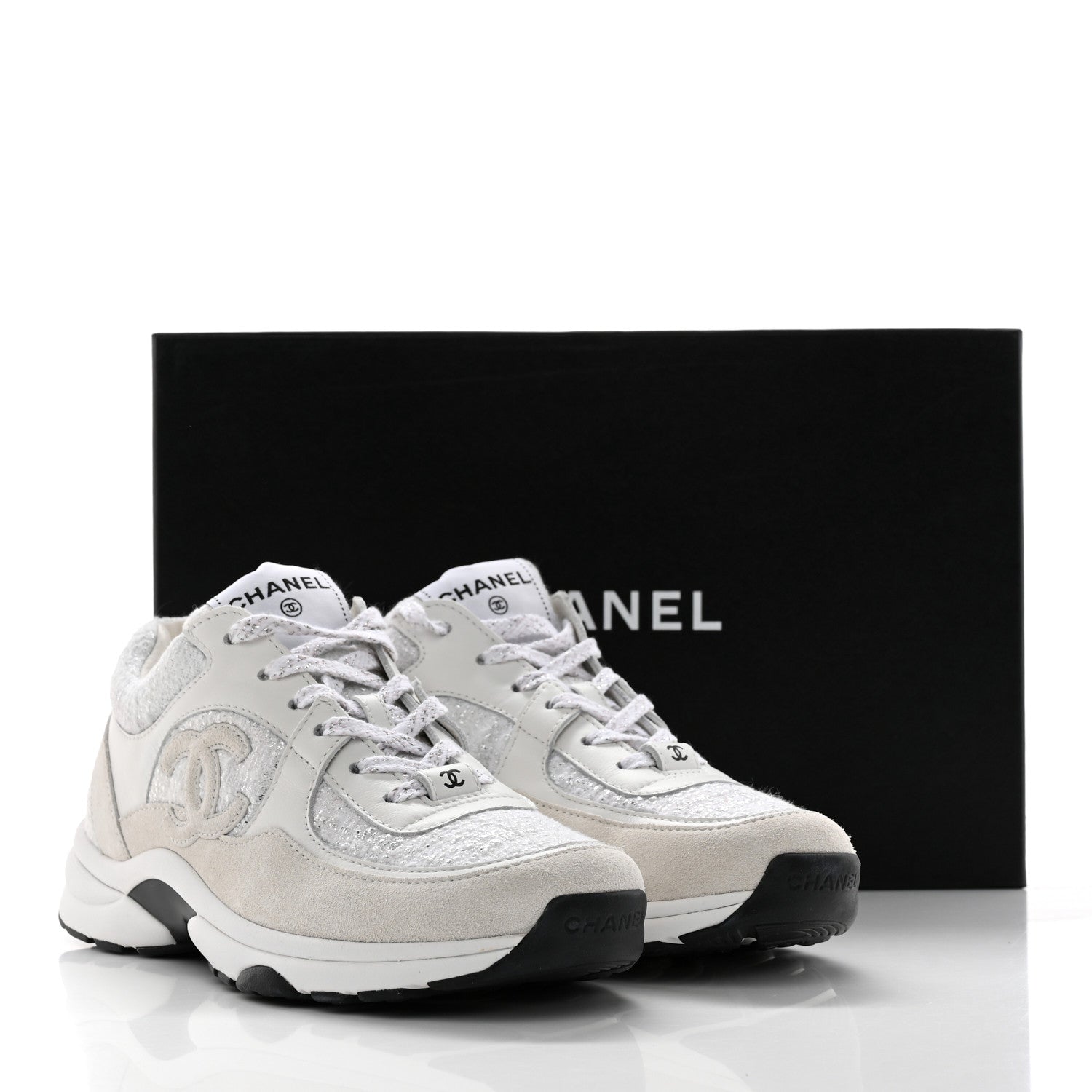 Chanel Painted Iridescent Cotton Tweed Suede Calfskin Womens CC Sneakers 37.5 White Silver Multicolor 13 of 13