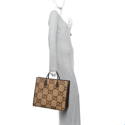 Gucci Monogram Jumbo GG Textured Dollar Calfskin Web Tote Bag Camel Ebony New Acero 2 of 10