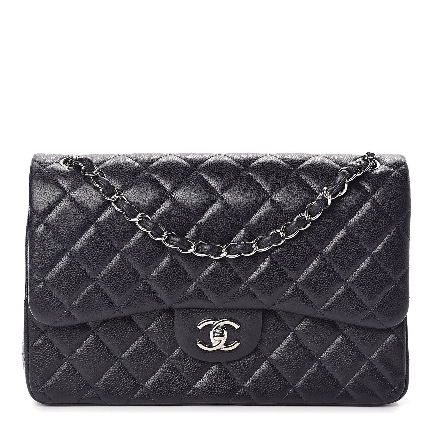 Caviar Quilted Jumbo Double Flap Navy Blue