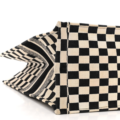 Christian Dior Canvas Embroidered Checkered Book Tote Black White 9 of 12