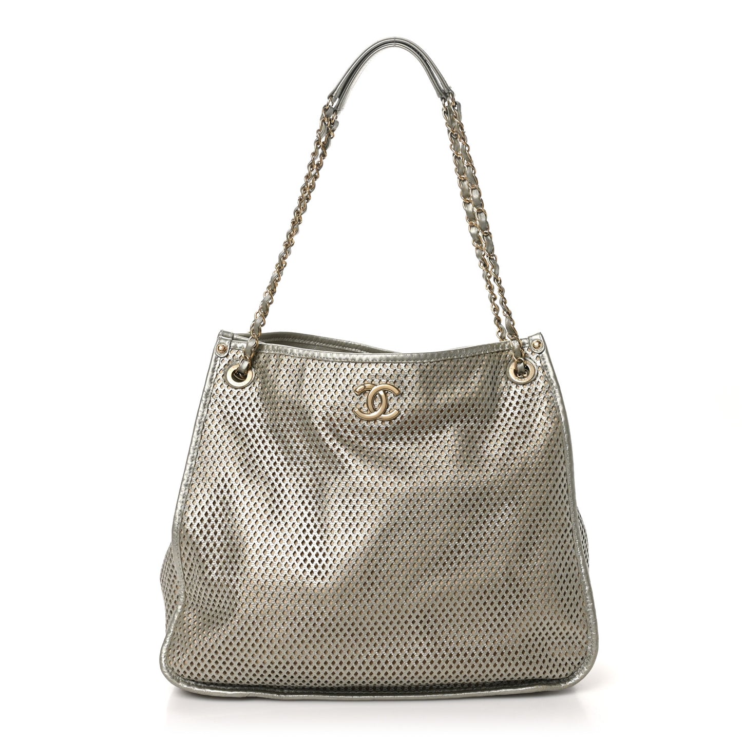 Metallic Calfskin Perforated Up In The Air Tote Silver