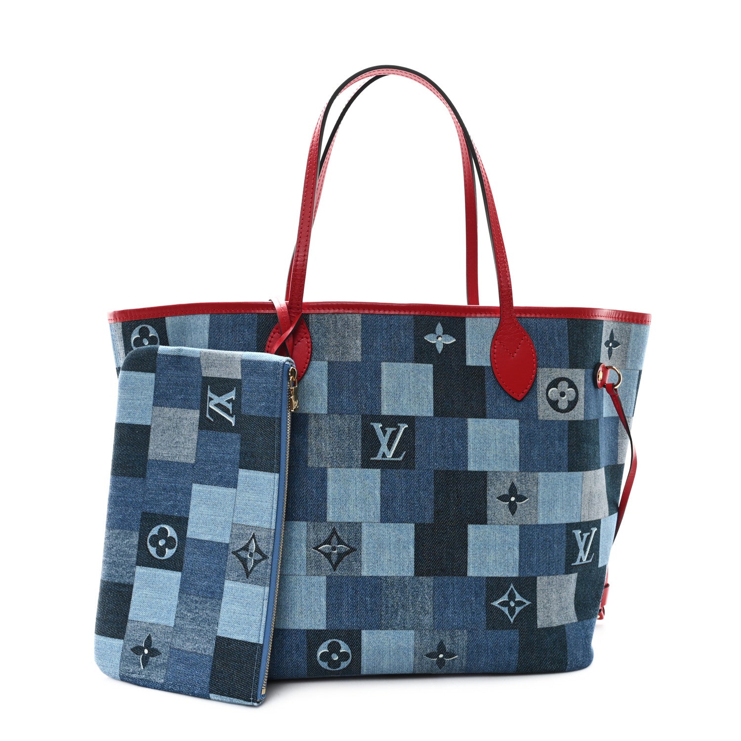 Louis Vuitton Denim Damier Monogram Patchwork Neverfull Blue Rouge 3 of 13