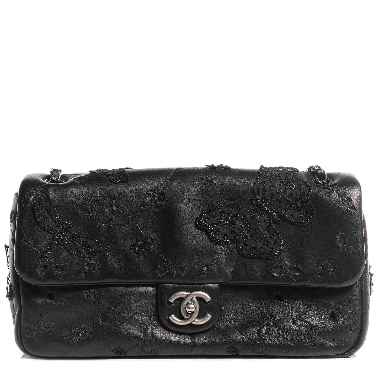 Lambskin Embroidered Butterfly Flap Black