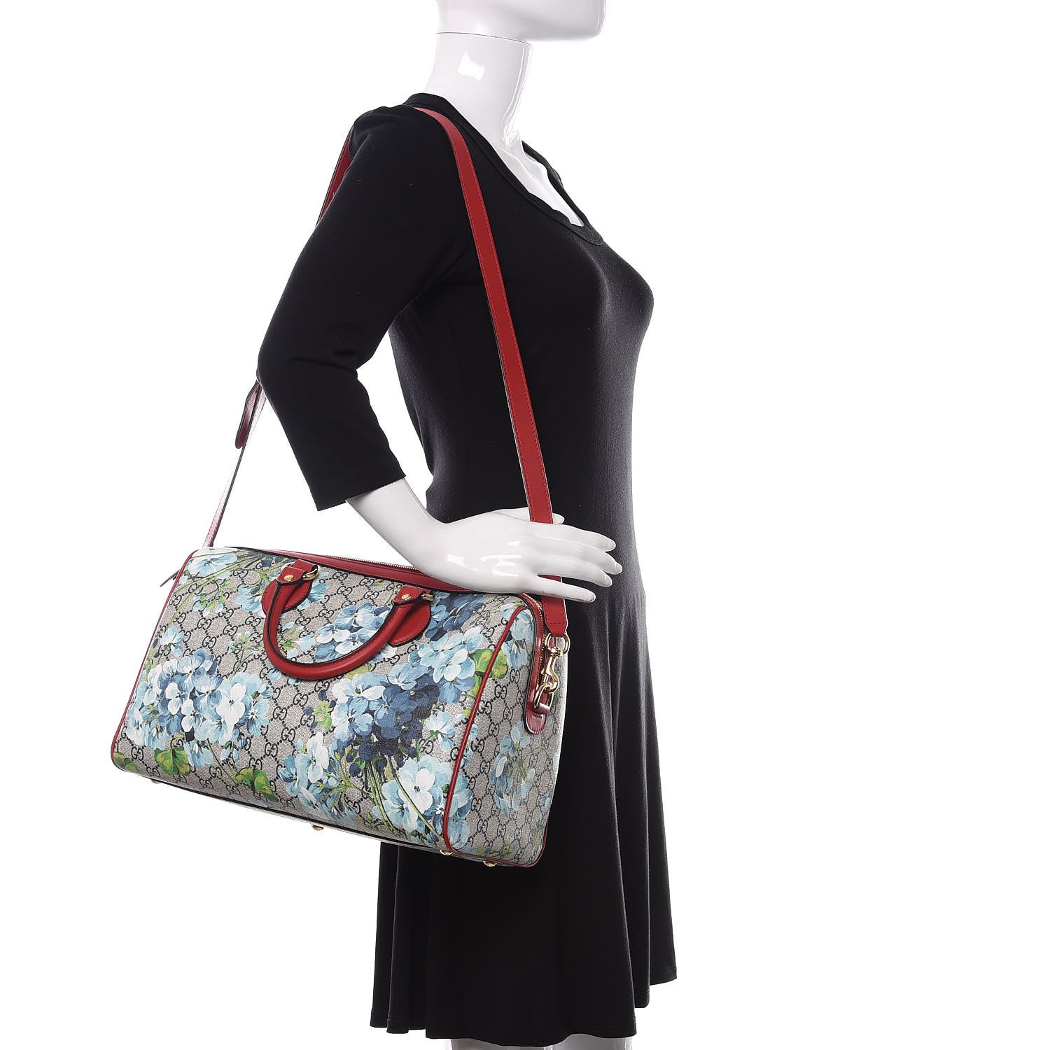Gucci GG Supreme Monogram Blooms Medium Boston Beige Blue Navy Hibiscus Red 3 of 10