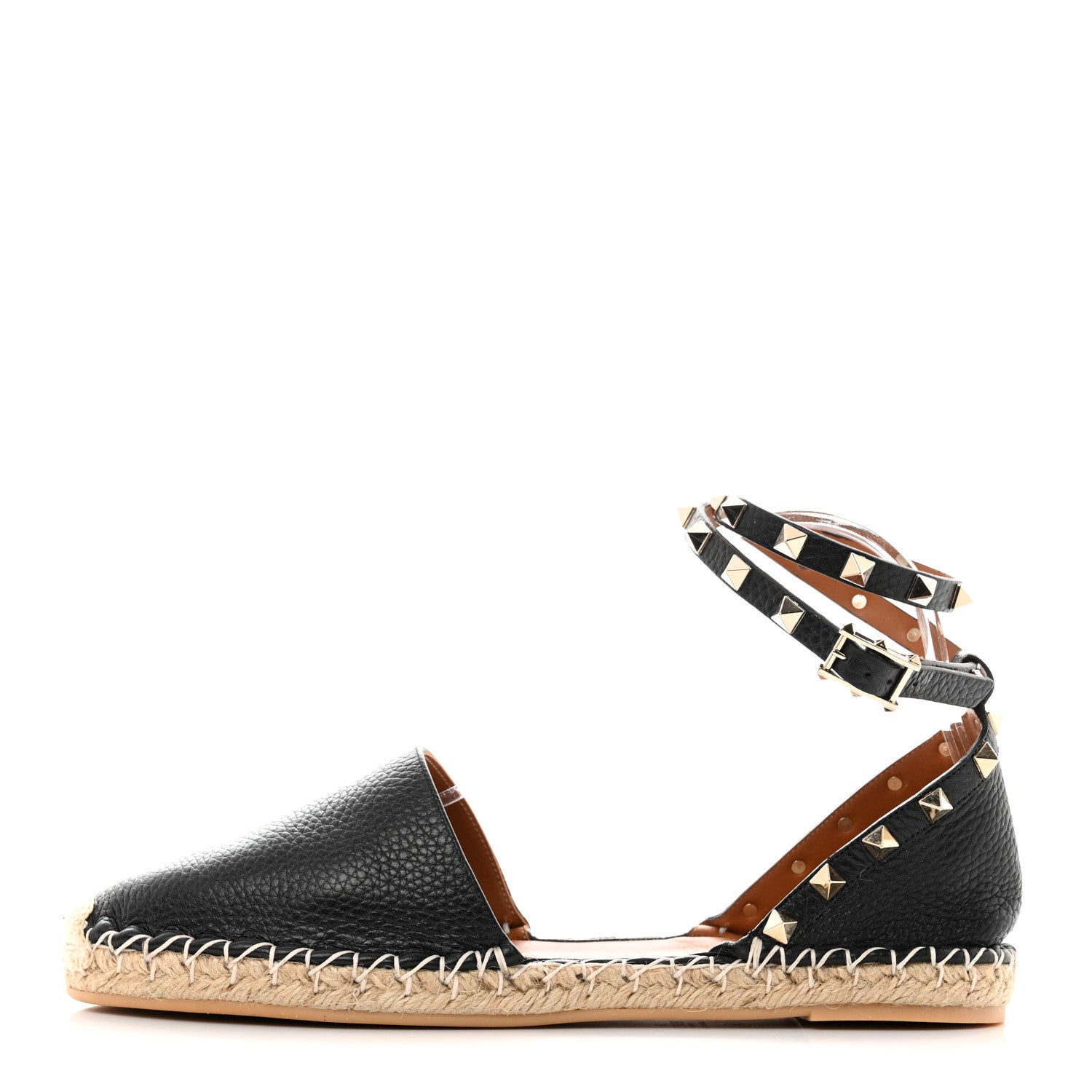 Valentino Garavani Grained Calfskin Rockstud Ankle Wrap Espadrille 20mm Flats 41 Black Light Cuir Natural 1 of 9